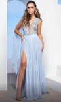 Tall A-line V-neck Cocktail Slit Hidden Back Zipper Beaded Illusion Natural Waistline Party Dress with a Brush/Sweep Train With Rhinestones