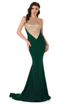 Tall Metallic Jeweled Illusion Sheer Sleeveless Floor Length Short Mermaid Natural Waistline Jeweled Neck Evening Dress