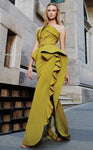 Strapless Floor Length Pleated Slit Belted Natural Waistline Jumpsuit With Ruffles