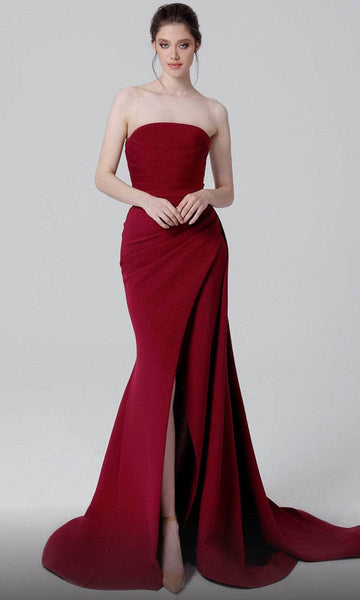 Strapless Pleated Slit Wrap Gathered Natural Waistline Mermaid Evening Dress with a Brush/Sweep Train