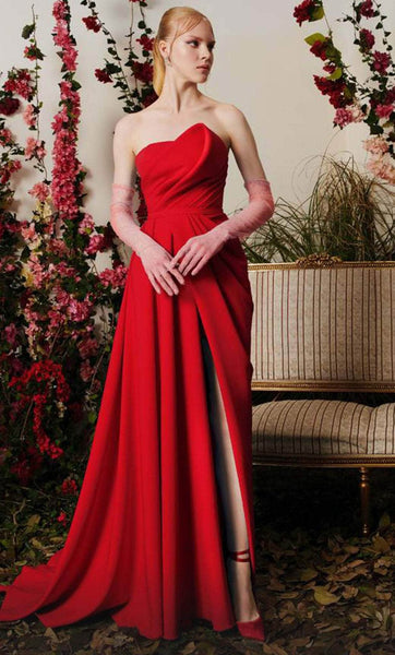 A-line Strapless Short Asymmetric Draped Gathered Shirred Slit Crepe Corset Natural Waistline Evening Dress with a Brush/Sweep Train