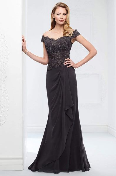 Floor Length Dropped Natural Waistline Draped Beaded Fitted Back Zipper Lace Trim Fit-and-Flare Sheath Chiffon Off the Shoulder Sheath Dress with a Brush/Sweep Train