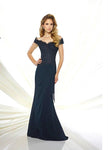Fit-and-Flare Off the Shoulder Dropped Waistline Draped Beaded Fitted Dress with a Brush/Sweep Train