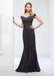 Off the Shoulder Draped Fitted Beaded Dropped Waistline Fit-and-Flare Dress with a Brush/Sweep Train