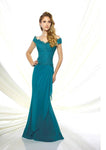 Off the Shoulder Fit-and-Flare Dropped Waistline Beaded Draped Fitted Dress with a Brush/Sweep Train