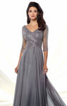 A-line V-neck Beaded Chiffon 3/4 Sleeves Dress with a Brush/Sweep Train