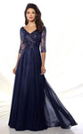 A-line V-neck 3/4 Sleeves Beaded Chiffon Dress with a Brush/Sweep Train