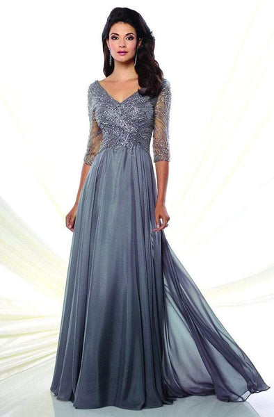 A-line V-neck Beaded Chiffon 3/4 Sleeves Mother-of-the-Bride Dress with a Brush/Sweep Train