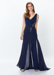 A-line V-neck Natural Waistline Illusion Crystal Beaded Shirred Gathered Slit Back Zipper Open-Back Sleeveless Jumpsuit with a Brush/Sweep Train