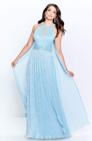 A-line Jeweled Neck Floor Length Natural Waistline Cutout Ruched Beaded Pleated Crinkled Jeweled Evening Dress with a Brush/Sweep Train