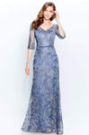 Sophisticated V-neck Lace Fall Natural Waistline 3/4 Sleeves Floor Length Embroidered Fitted Sheer Back Zipper Beaded Sheath Sheath Dress/Evening Dress with a Brush/Sweep Train