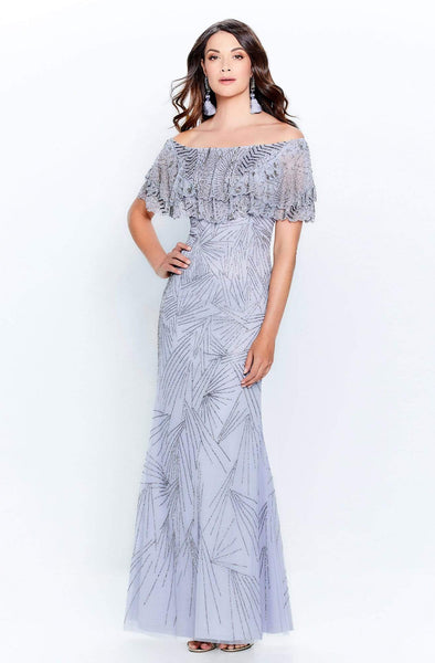 Sophisticated Floor Length Off the Shoulder Sheath Tiered Fitted Open-Back Mesh Beaded Natural Waistline Fall Sheath Dress/Evening Dress/Mother-of-the-Bride Dress With Ruffles