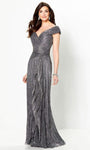 Floor Length Ruched Asymmetric Fitted Off the Shoulder Sheath Dropped Waistline Sheath Dress with a Brush/Sweep Train With Ruffles