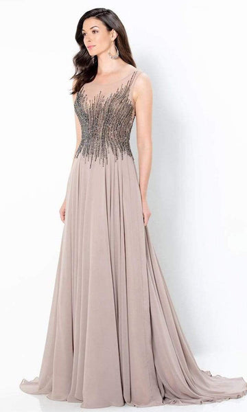 A-line Back Zipper Jeweled Illusion Beaded Natural Waistline Sheer Sleeves Sleeveless Jeweled Neck Mother-of-the-Bride Dress with a Brush/Sweep Train