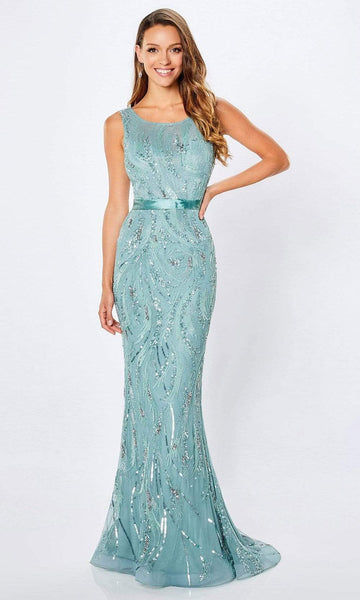 Natural Waistline V Back Sequined Beaded Back Zipper Floor Length Sheath Jeweled Neck Sleeveless Tulle Sheath Dress/Evening Dress with a Brush/Sweep Train