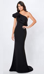 One Shoulder Crepe Sheath Natural Waistline Fitted Beaded Asymmetric Sheath Dress with a Brush/Sweep Train With Ruffles