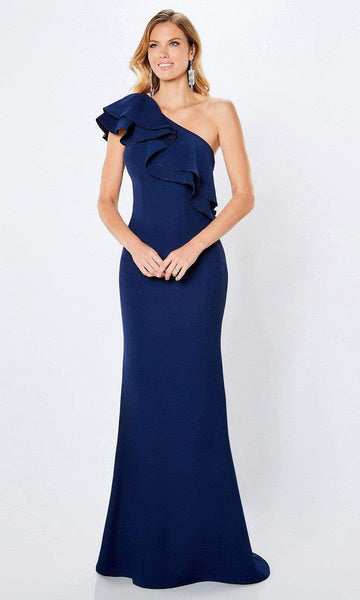One Shoulder Beaded Fitted Asymmetric Sheath Crepe Natural Waistline Sheath Dress with a Brush/Sweep Train With Ruffles