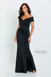 Off the Shoulder Crepe Slit Wrap Beaded Peplum Draped Mermaid Natural Waistline Evening Dress with a Brush/Sweep Train With Ruffles