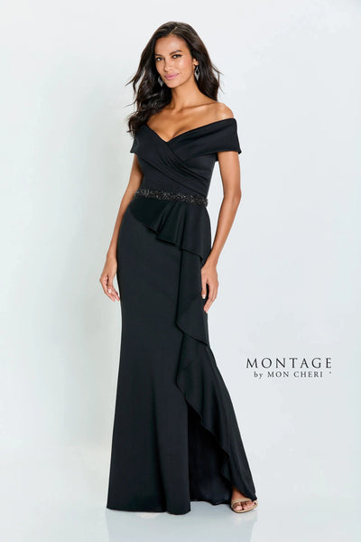 Off the Shoulder Slit Peplum Beaded Draped Wrap Mermaid Crepe Natural Waistline Evening Dress with a Brush/Sweep Train With Ruffles