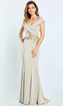 Sophisticated V-neck Natural Waistline Off the Shoulder Fitted Beaded Sheer Back Zipper Sheath Crepe Floor Length Sheath Dress/Mother-of-the-Bride Dress with a Brush/Sweep Train