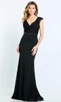 V-neck Empire Waistline Cap Sleeves Sheath Belted Beaded Keyhole Ruched Sheath Dress