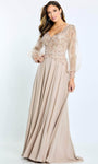 Sophisticated A-line V-neck Natural Waistline Long Sleeves Belted Back Zipper Beaded Dress