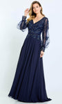 Sophisticated A-line V-neck Long Sleeves Back Zipper Belted Beaded Natural Waistline Dress