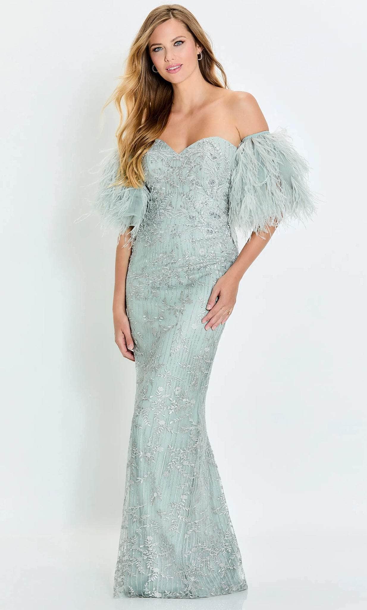 Montage by Mon Cheri M525 - Detachable Feathered Sleeve Strapless Evening Dress
