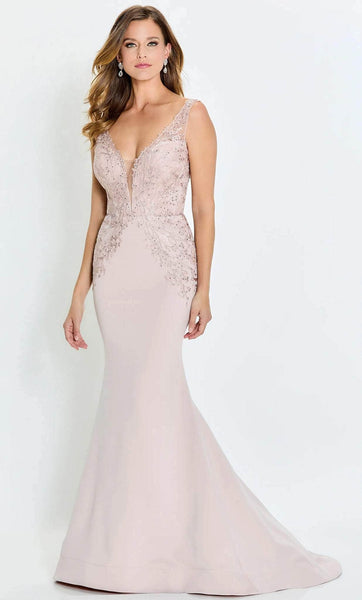 V-neck Mermaid Sheer Applique Back Zipper V Back Illusion Beaded Fitted Plunging Neck Natural Waistline Sleeveless Prom Dress with a Brush/Sweep Train