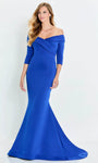 V-neck Off the Shoulder Crepe Mermaid Natural Waistline Pleated Evening Dress with a Brush/Sweep Train