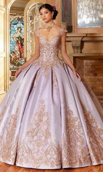 V-neck Cap Sleeves Off the Shoulder Basque Corset Waistline Sweetheart Satin Cutout Glittering Crystal Beaded Embroidered Applique Ball Gown Quinceanera Dress with a Brush/Sweep Train