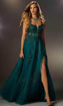 Sexy A-line Lace-Up Sheer Slit Glittering Beaded Applique Floral Print Corset Natural Waistline Scoop Neck Sleeveless Prom Dress with a Brush/Sweep Train