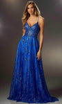 A-line V-neck Glittering Lace-Up Fitted Sleeveless General Print Beaded Trim Floor Length Natural Waistline Evening Dress with a Brush/Sweep Train