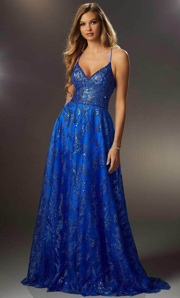 A-line V-neck Sleeveless Natural Waistline Floor Length Beaded Trim General Print Glittering Lace-Up Fitted Evening Dress with a Brush/Sweep Train