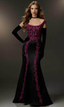 Lace-Up Embroidered Beaded Applique Fitted Mermaid General Print Natural Waistline Floor Length Cap Sleeves Off the Shoulder Evening Dress with a Brush/Sweep Train