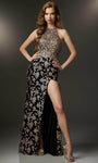 Sleeveless Sheath Halter Glittering Slit Fitted Hidden Back Zipper Natural Waistline Floor Length Floral Print Sheath Dress/Evening Dress/Prom Dress