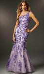 Floral Print Floor Length Mermaid Sequined Embroidered Beaded Open-Back Asymmetric Back Zipper Fitted Tulle One Shoulder Sleeveless Natural Waistline Prom Dress with a Brush/Sweep Train