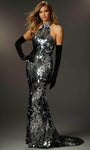 Fit-and-Flare Mermaid Floor Length Halter Sequined Fitted Beaded Sleeveless Natural Waistline Dress with a Brush/Sweep Train