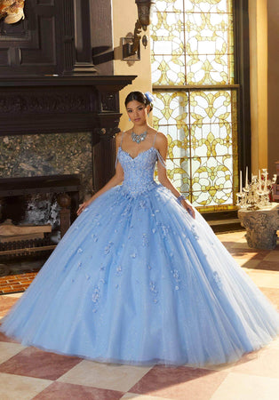 Mori Lee Thin Strapped Floral Appliqued Ballgown