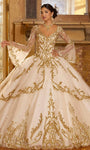 V-neck Tulle Long Sleeves Basque Waistline Sequined Glittering Applique Lace-Up Beaded Crystal Ball Gown Party Dress