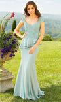 Sophisticated V-neck Floor Length Mermaid Natural Waistline Cap Sleeves Back Zipper Peplum Prom Dress