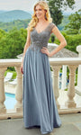 A-line V-neck Floor Length Chiffon Beaded Embroidered Fitted Hidden Back Zipper Natural Waistline Cap Sleeves Dress