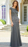 Sheath Cap Sleeves Bateau Neck Beaded Floor Length Natural Waistline Sheath Dress/Evening Dress