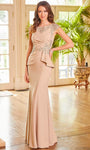 Cap Sleeves Sheath Crepe Natural Waistline Peplum Applique Beaded Floor Length Bateau Neck Sheath Dress/Evening Dress