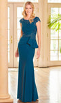 Sheath Crepe Floor Length Natural Waistline Bateau Neck Cap Sleeves Peplum Beaded Applique Sheath Dress/Evening Dress