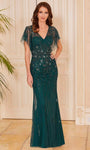 V-neck Sheath Flutter Sleeves Natural Waistline Floor Length Illusion Beaded Sheath Dress/Evening Dress