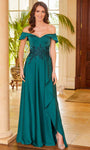 A-line Applique Slit Beaded Hidden Back Zipper Floor Length Natural Waistline Off the Shoulder Evening Dress With Ruffles