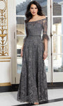 A-line Lace Floor Length 3/4 Sleeves Off the Shoulder Natural Waistline Back Zipper Beaded Keyhole Evening Dress