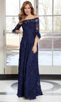 A-line Natural Waistline Lace 3/4 Sleeves Off the Shoulder Floor Length Back Zipper Keyhole Beaded Evening Dress