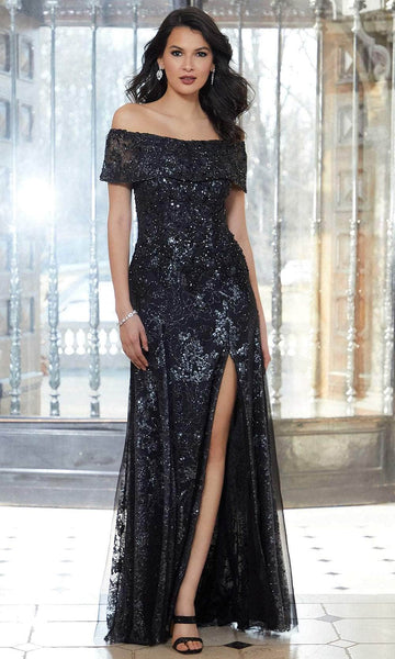 Sheath Floor Length Lace Natural Waistline Off the Shoulder Applique Slit Beaded Glittering Fitted Sheath Dress/Evening Dress